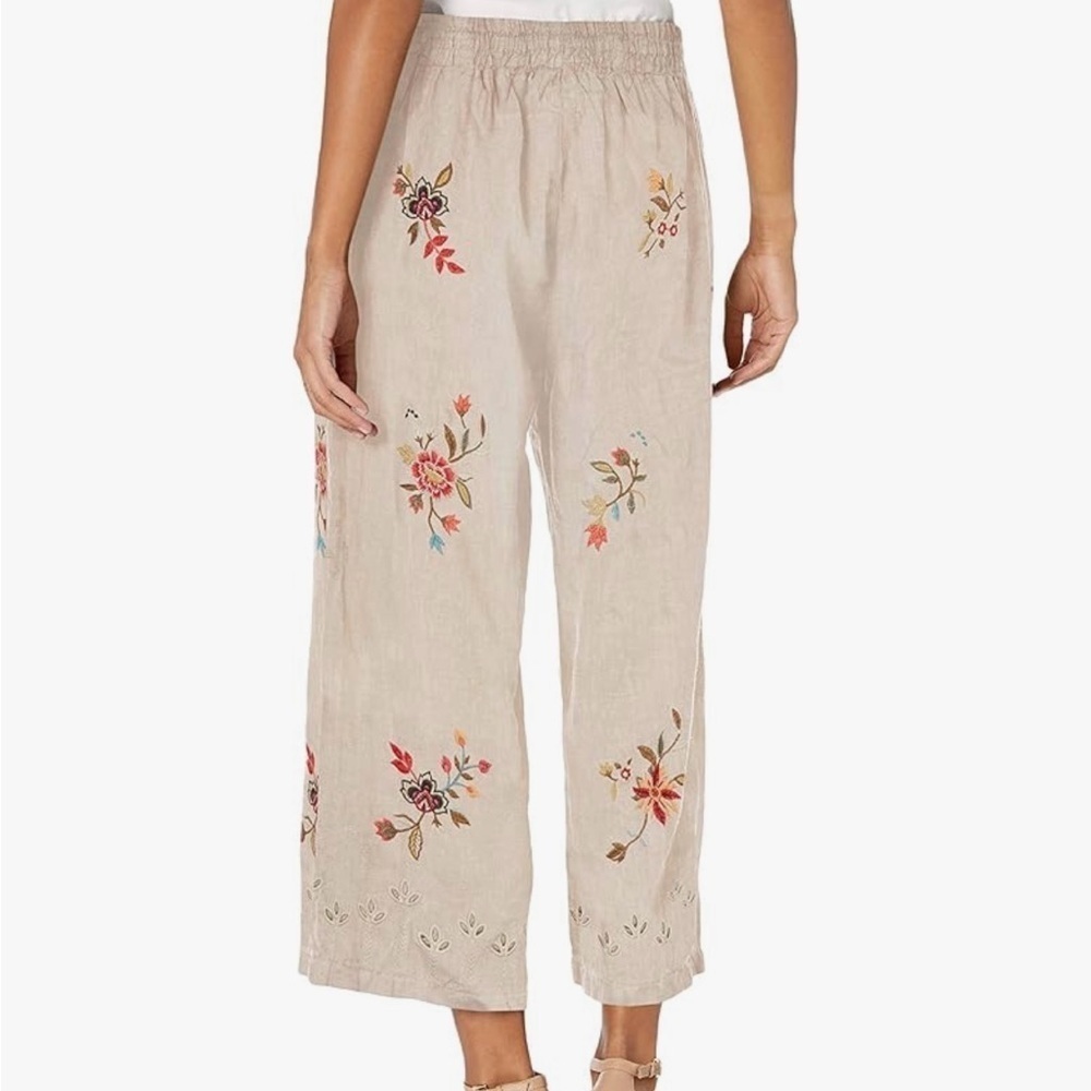 Johnny Was L white Embroidered linen lounge pants drawstring and elastic waist - Picture 5 of 8